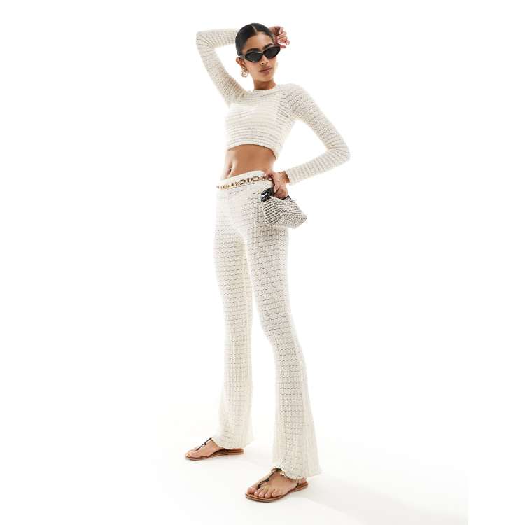 Bershka crochet wide leg pants in ecru - part of a set | ASOS