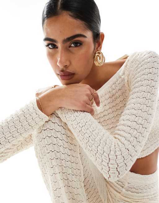 Bershka crochet wide leg pants in ecru - part of a set | ASOS