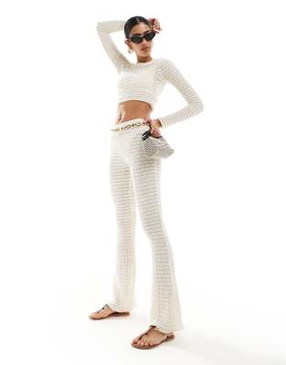 Bershka Bershka crochet wide leg trousers co-ord in ecru-Neutral