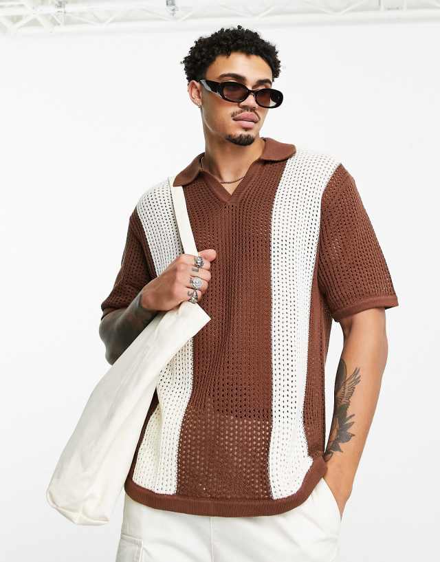 Bershka crochet wide stripe polo in brown