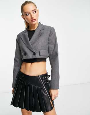 Shop Bershka Crop Blazer In Gray