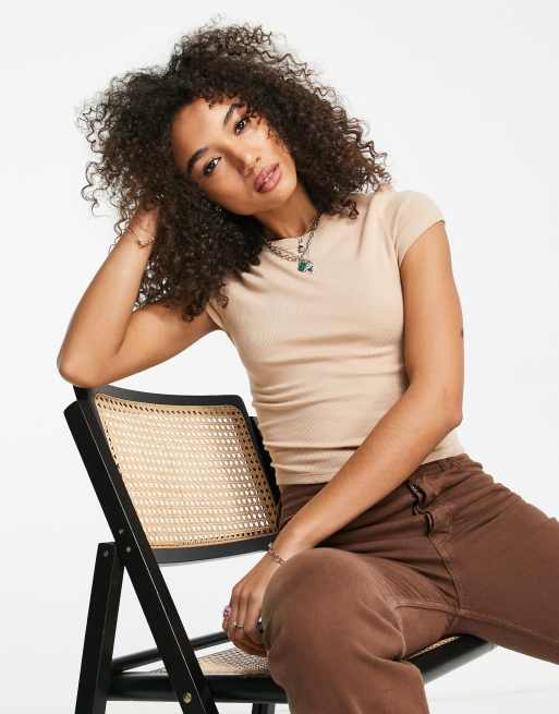 Bershka crop T shirt in beige