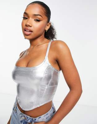 Bershka - Crop top a corsetto in denim spalmato metallizzato argento in coordinato
