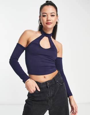 Bershka halter neck long sleeve crop top in purple - ASOS Price Checker