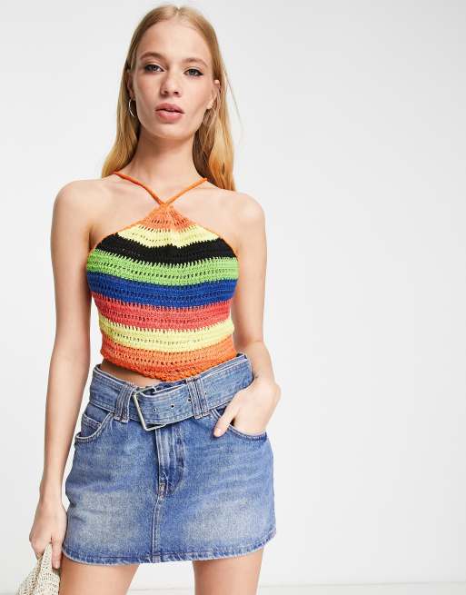 Bershka - Crop top au crochet à bretelles croisées - Rayures multicolores