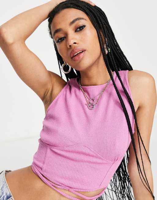 Bershka - Crop top lilla con cuciture sul bustino e laccetti avvolgenti, 4 di 4