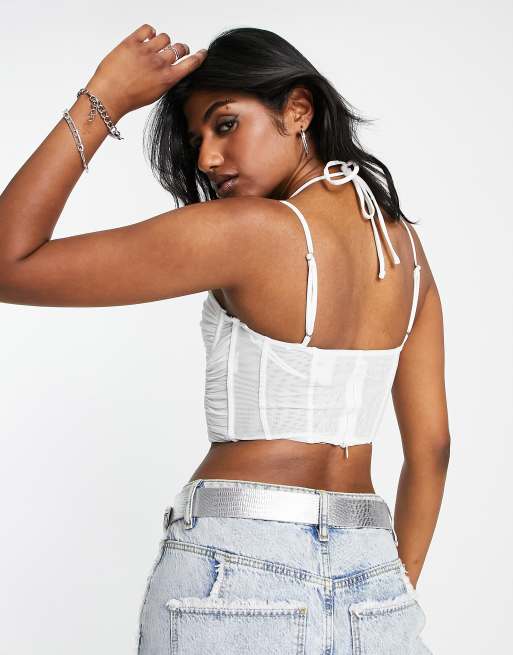 Bershka - Crop top met korsetdetail en halternek in wit, 2 van 4