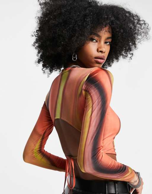 Bershka - Crop top met rugdetail en retro print in oranje