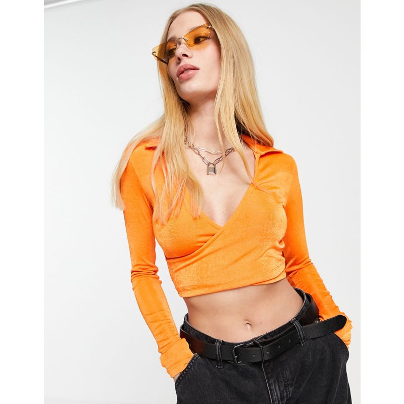 Bershka - Crop top stile camicia arancione a portafoglio
