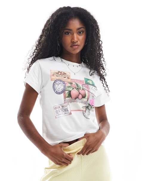 Bershka cropped baby tee with fruit print in white - view 1
