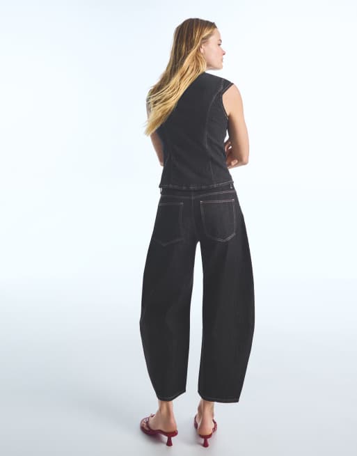 Bershka Cropped barrel-leg jeans in blue, 3 of 5