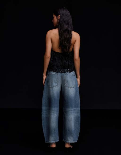 Bershka Cropped Barrel-Leg Jeans in Mittelblau, 3 von 5
