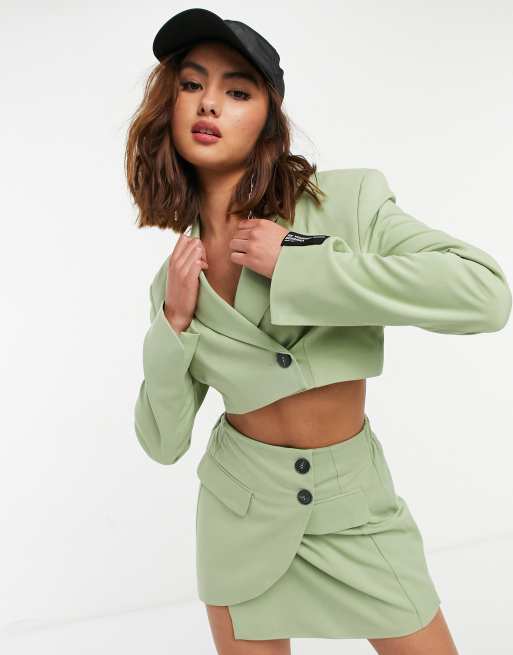 Bershka cropped blazer coord in khaki ASOS