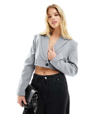 Bershka cropped blazer in grey pinstripe