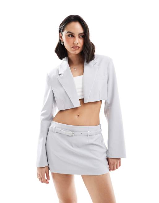 Bershka cropped blazer in pale grey (part of a set)