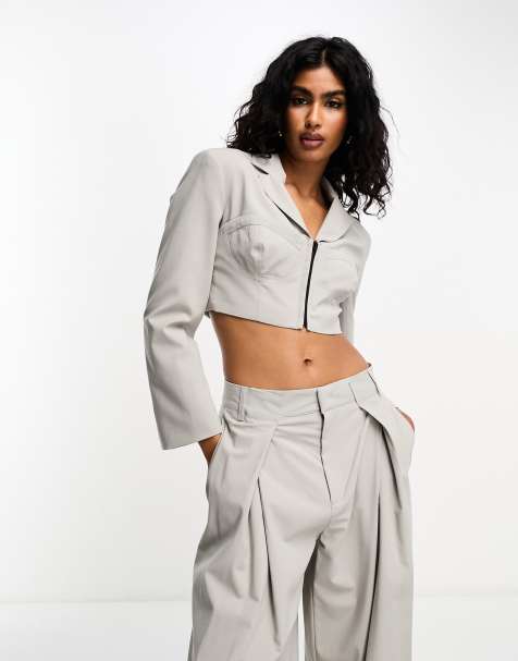 Bershka - Cropped blazer med korset-detalje i beige - Del af sæt - view 1