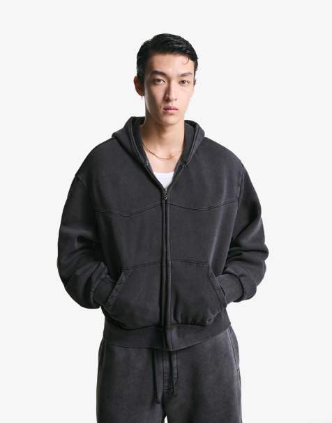 Bershka Cropped boxy fit zip-up sweatshirt in black&white - view 1