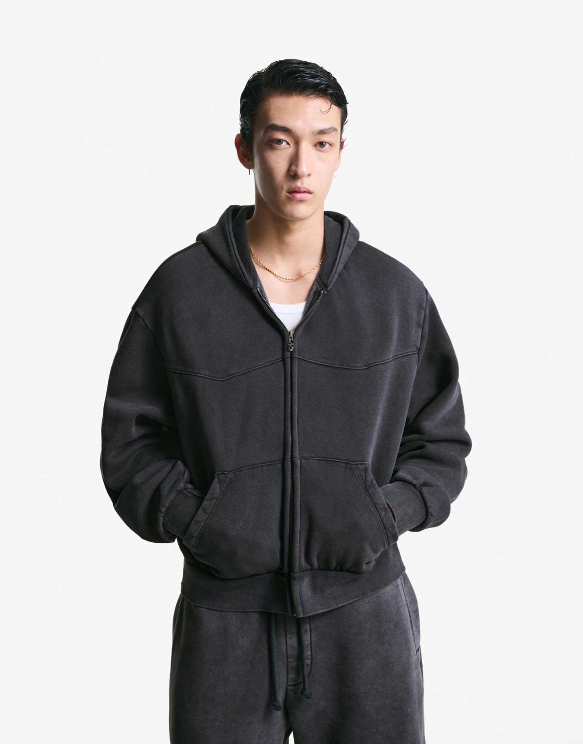 Bershka Cropped boxy fit zip-up sweatshirt in black&white