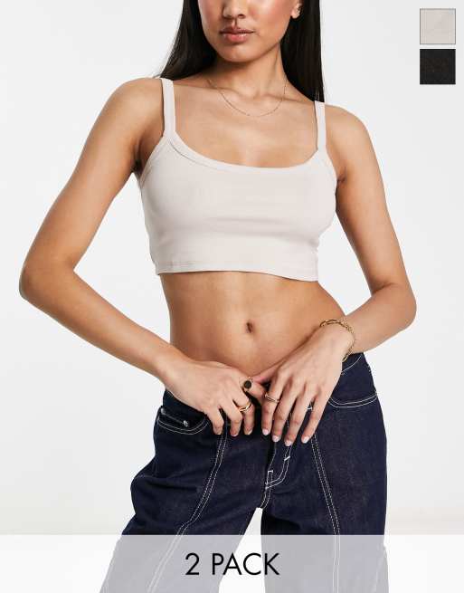 Bershka cropped bralette tank top 2 pack in beige and navy