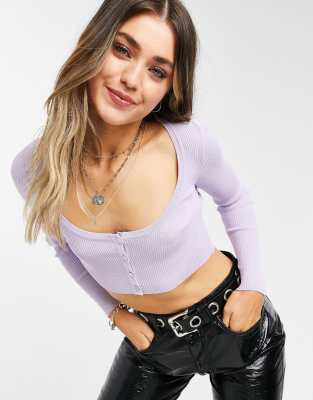 Bershka cropped button down top in purple