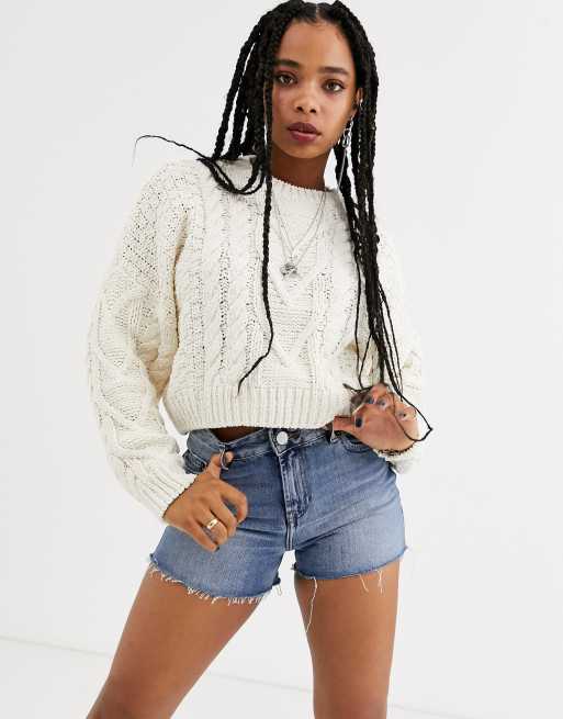 Bershka cropped cable knit sweater in cream | ASOS