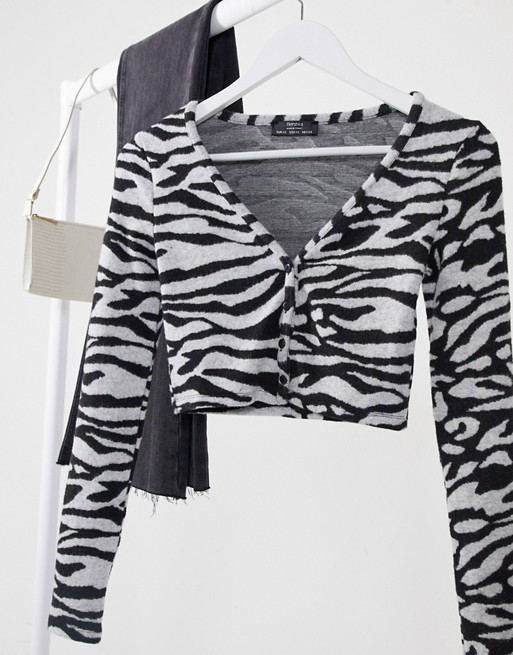 Bershka cropped cardigan in zebra print