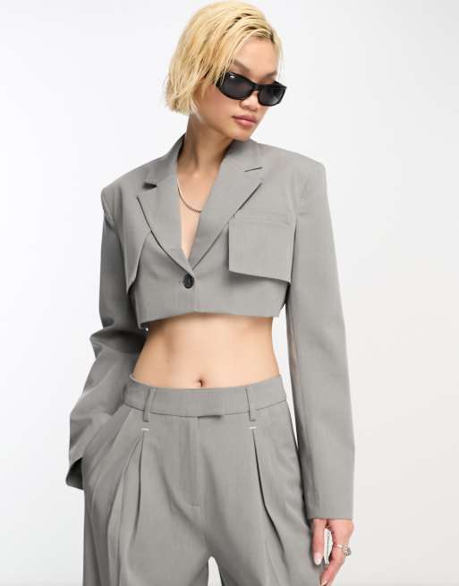 Bershka - Co-ord set van cropped cargo-blazer en broek met wijde pijpen in koel grijs, 2 van 2