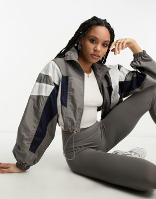 Bershka cropped contrast panel track jacket in grey & ecru