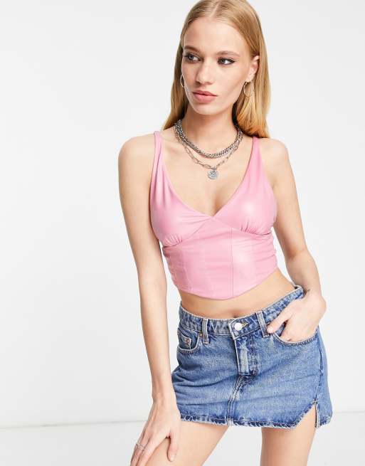 Bershka - Cropped croptop i korset-stil i sort imiteret læder