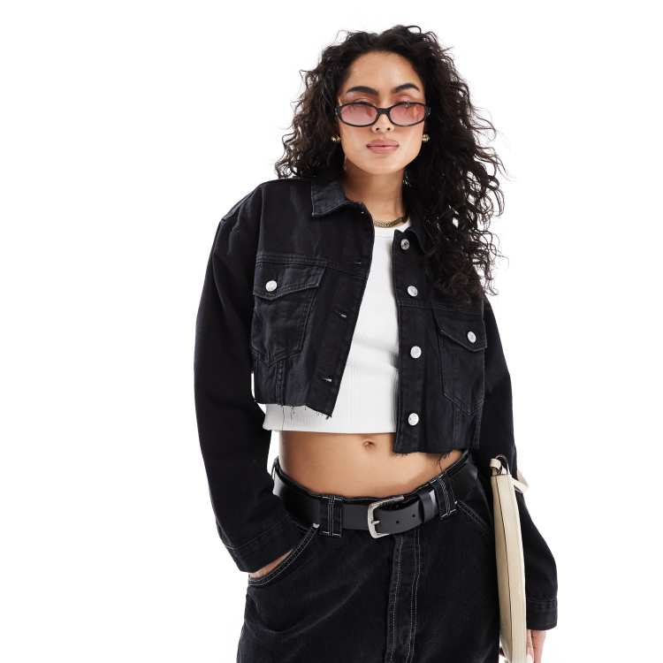 【AAKE】BLACK DENIM CROP JK Bershka cropped denim jacket in black | ASOS