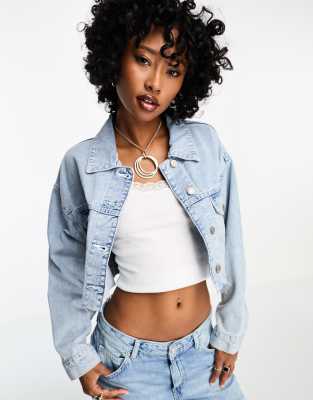 Bershka cropped denim jacket in light blue wash