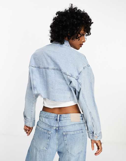 Bershka cropped denim jacket in light blue wash ASOS