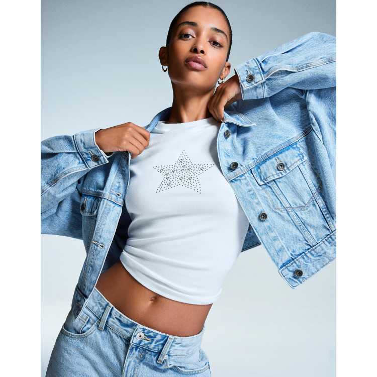 Bershka Cropped denim jacket in light blue | ASOS