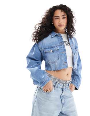 cropped denim jacket in mid blue