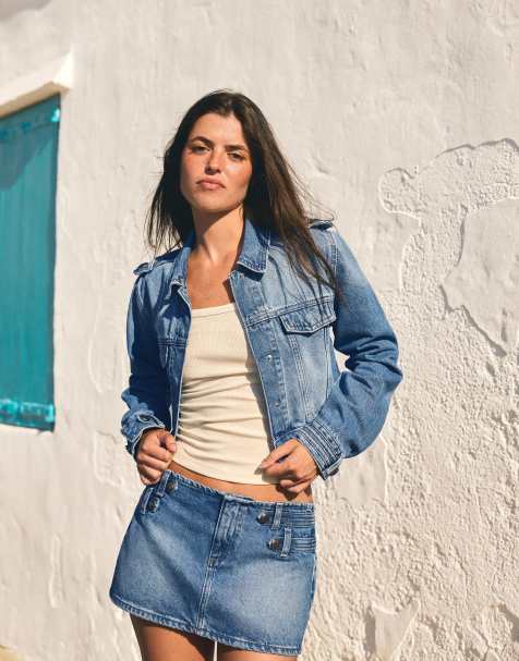Bershka Cropped denim jacket in mid blue - view 1