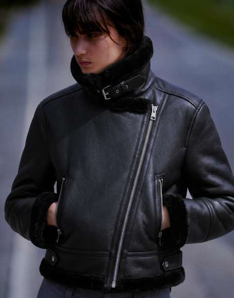 Bershka Cropped double-faced biker jacket in black - view 1