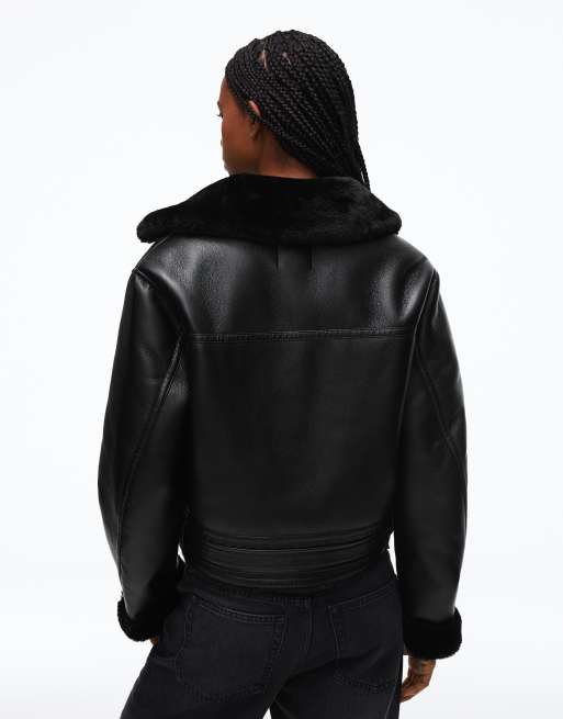 Bershka Cropped double-faced biker jacket in black, 3 of 5