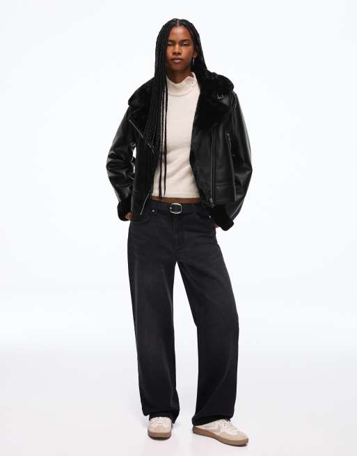 Bershka Cropped double-faced biker jacket in black, 4 of 5