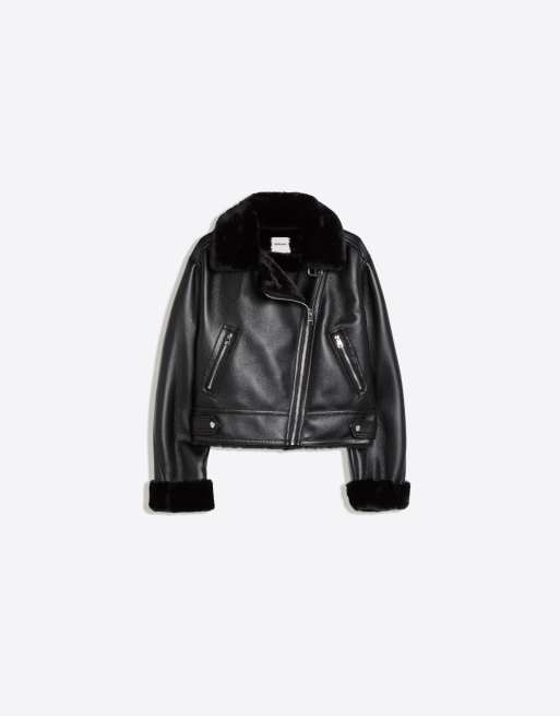 Bershka Cropped double-faced biker jacket in black, 5 of 5