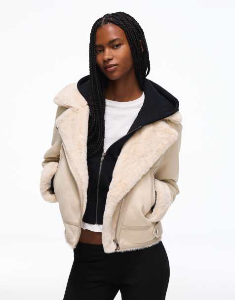 Bershka Cropped double-faced biker jacket in ecru - view 1