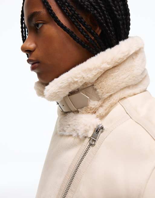 Bershka Cropped double-faced biker jacket in ecru, 2 of 5