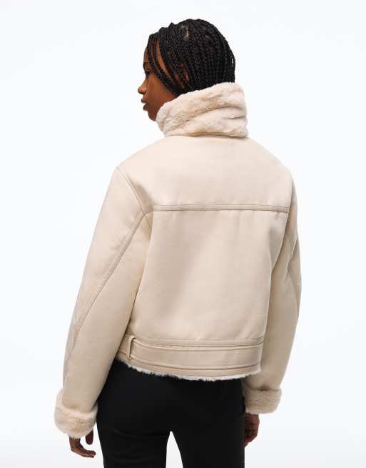 Bershka Cropped double-faced biker jacket in ecru, 3 of 5
