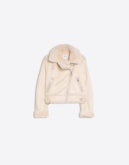 Bershka Cropped double-faced biker jacket in ecru, 5 of 5