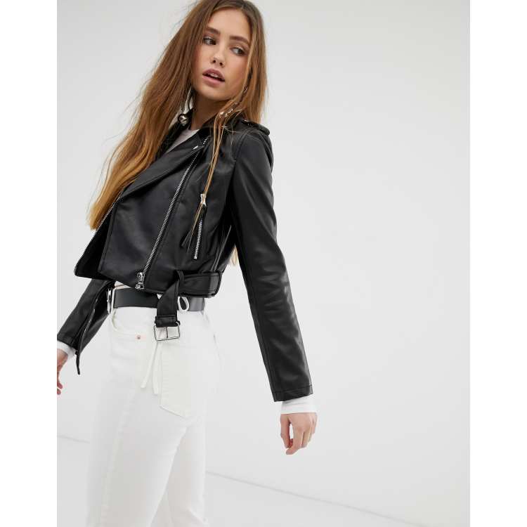 Bershka cropped faux leather biker jacket in black ASOS