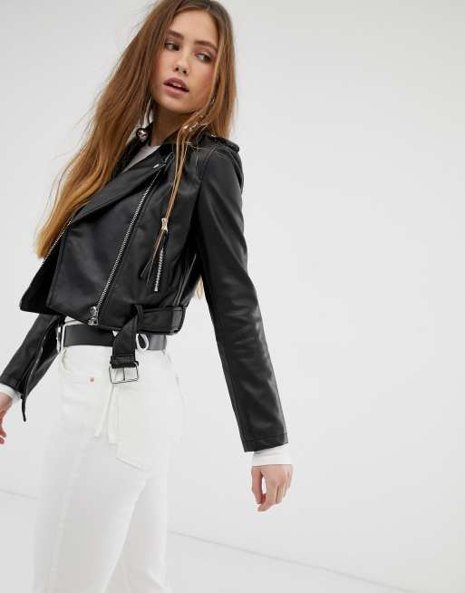 Black Pu Super Cropped Belted Biker Jacket, 49% OFF