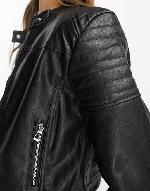 Bershka Faux Leather Biker Jacket In Black