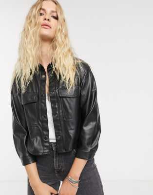 Bershka cropped faux leather shirt in black | ASOS