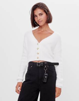 Bershka Cropped Fluffy Cardigan In Ecru-white ModeSens