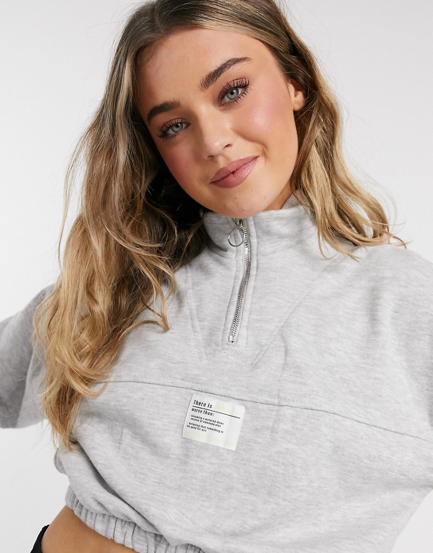 Bershka cropped half zip sweatshirt top in gray-Grey