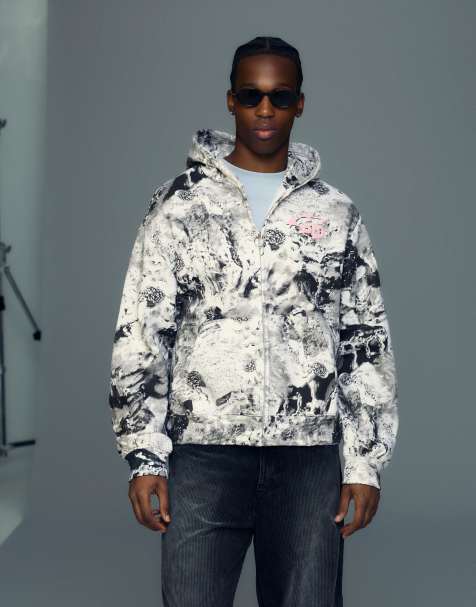 Bershka Cropped hooded print jacket in washed grey - view 1